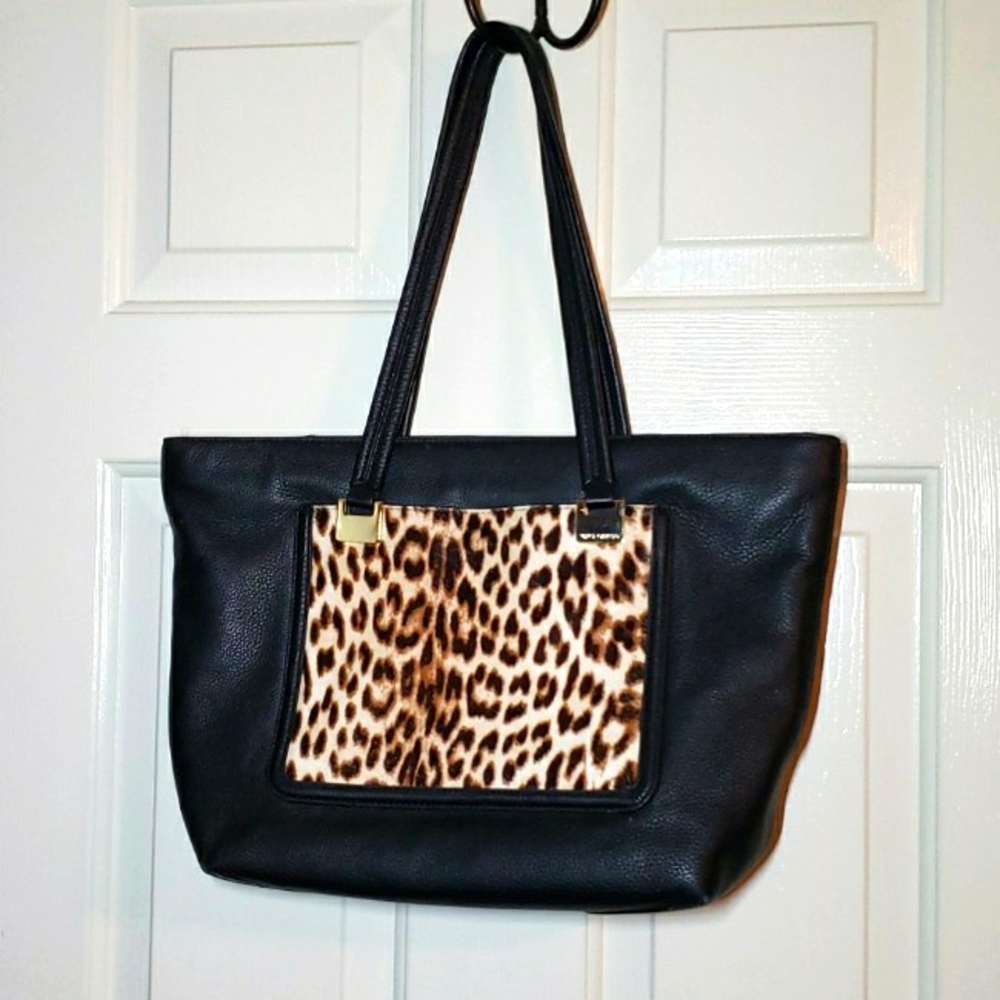 Vince Camuto Reta small leather tote with leopard pocket